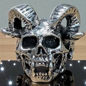 Silver Stainless Steel Skull with Horns Ring Size 13.5